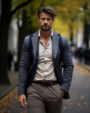 Navy Blue Blazer with Gray Trousers and Crisp White Shirt