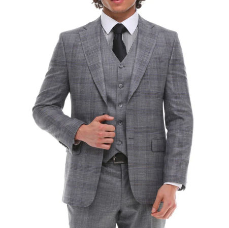 Gray Three-Piece Suit with Patterned Waistcoat